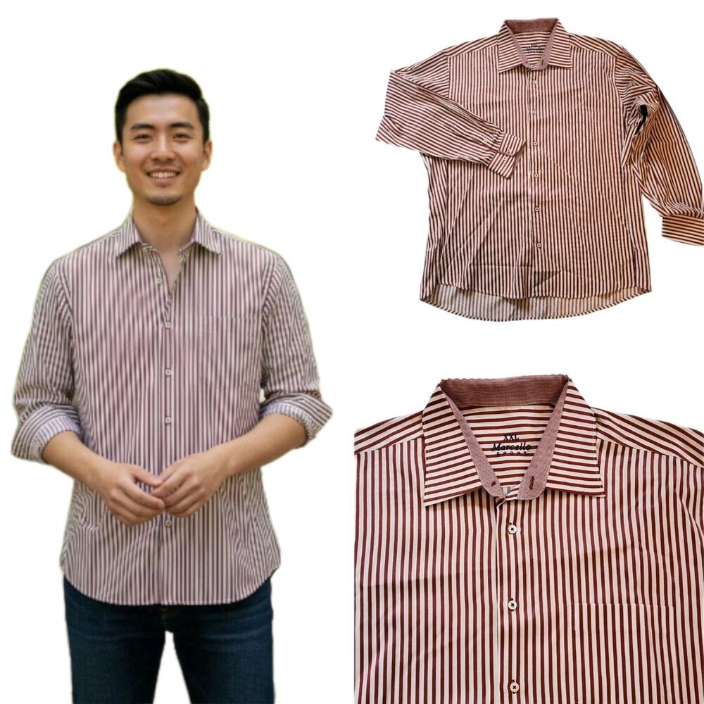 Marcello Sport Mens Dress Shirt Size XXL Red White Striped Satiny Button Down